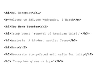 <h1>BBC Homepage</h1>
<p>Welcome to BBC.com Wednesday, 1 March</p>
<h2>Top News Stories</h2>
<h3>Trump touts 'renewal of American spirit'</h3>
<h3>Analysis: A kinder, gentler Trump</h3>
<h2>News</h2>
<h3>Democrats stony-faced amid calls for unity</h3>
<h3>'Trump has given us hope'</h3>
 