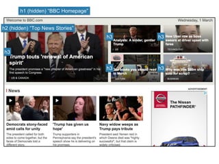h1 (hidden) “BBC Homepage”
h2 (hidden) “Top News Stories”
h3
h3 h3
h3 h3
 
