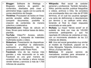 • Blogger: Software de Weblogs –
Blogware: sistema de gestión de
contenidos, diseñados para crear y
administrar blogs. Ligado con la cuenta de
correo electrónico de Google.
• Thinkfree: Procesador de textos en línea:
permite acceder, editar, reformatear y
compartir documentos, posibilita la
creación de contenidos de manera
colectiva y colaborativa.
• Zohosheet.com: Hojas de cálculo en
línea: Sirven para realizar bases de datos,
planillas.
• YouTube: Video/TV: Acceso, edición,
organización y búsqueda de materiales
multimedia (audio y video).
• Slideshare: Presentación de diapositivas:
Ayudan a simplificar la elaboración,
publicación y distribución de las
presentaciones estilo Power Point.
• Facebook: Una de las marcas más
grandes y más reconocido en la web,
Facebook es una gran manera de
conectar con los clientes y ahora incluso
vender bienes y servicios a más de 1.700
millones de usuarios.
• Wikipedia: Red social de carácter
personal y profesional. También llamados,
Wikis: permite escribir, publicar fotografías
o videos, archivos o links. Se considera
una enciclopedia libre con más de 671000
términos, en el cual los usuarios agregan
una serie de definiciones o descripciones
por término y se califican entre ellos,
teniendo al final la mejor respuesta
encontrada en esta parte.
• Multiply: La mayor “tienda social” en el
sudeste de Asia con mas de 125.000
comercios participantes y que ha
reportado 20 millones de visitantes al mes,
con un movimiento alrededor de los 3,5
millones de dólares.
• Hi5: Una red social generalista muy similar
al modelo de Facebook, popular en la
India, Mongolia, Tailandia, América Latina,
África y Europa del Este.
• Delicious: El popular servicio de
marcadores sociales para almacenar y
compartir páginas web favoritas.
 