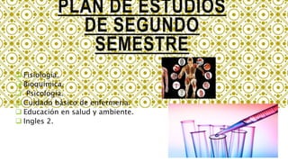 PLAN DE ESTUDIOS
DE SEGUNDO
SEMESTRE
 Fisiología.
 Bioquímica.
 Psicología.
 Cuidado básico de enfermería.
 Educación en salud y ambiente.
 Ingles 2.
 
