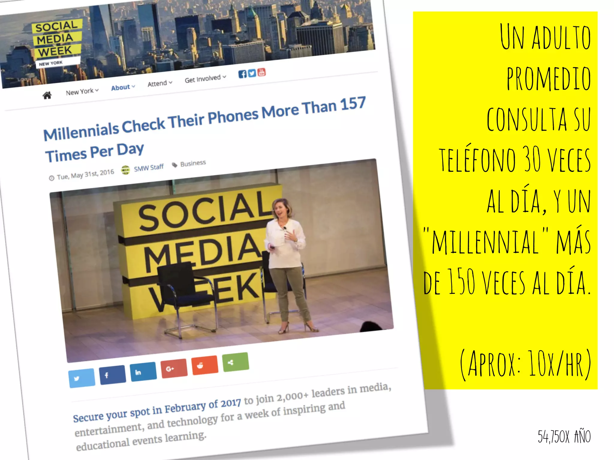 Unadulto
promedio
consultasu
teléfono30veces
aldía,yun
"millennial"más
de150vecesaldía.
(Aprox:10x/hr)
54,750x Año
 