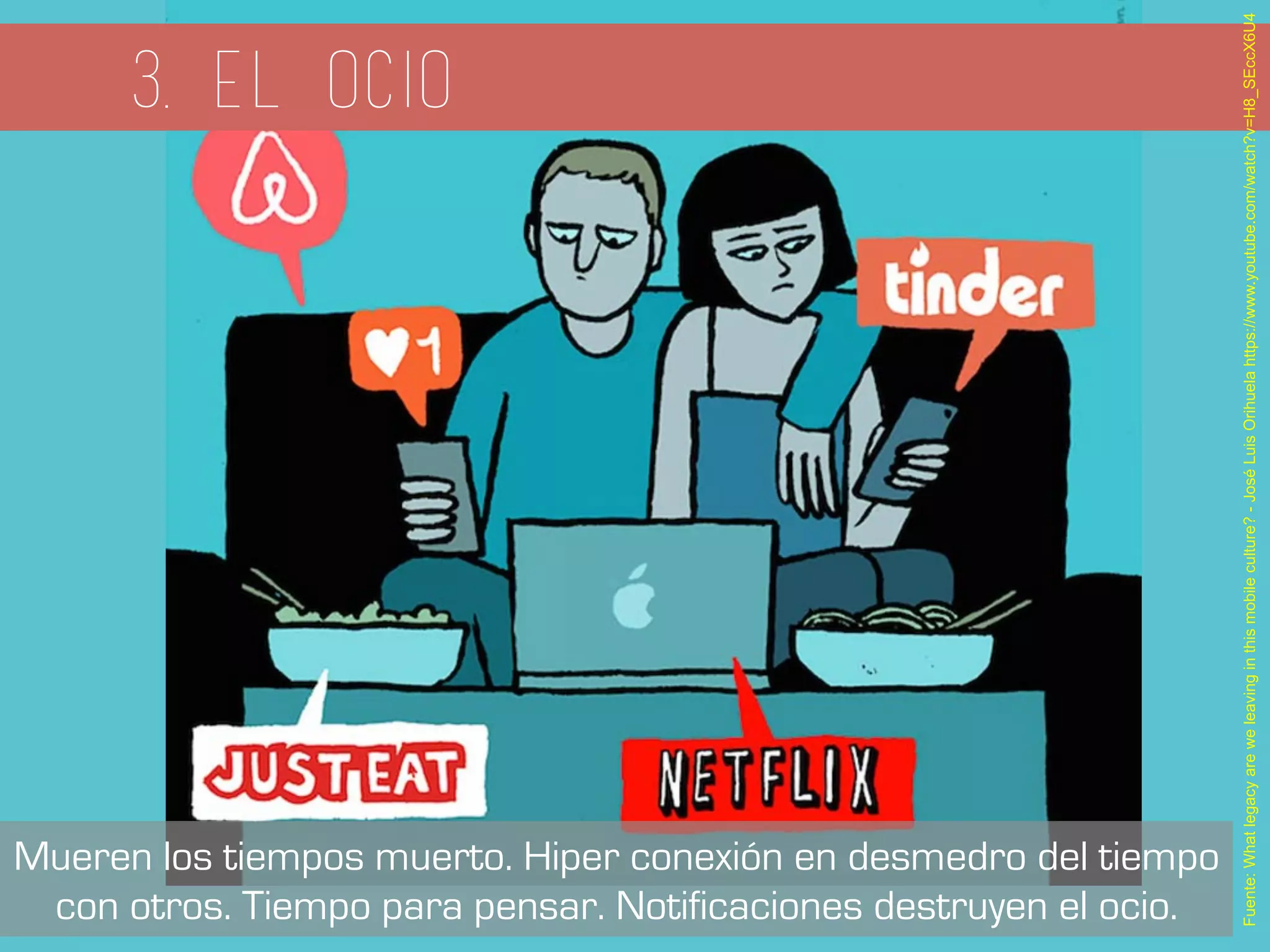 3. EL OCIO
Fuente:Whatlegacyareweleavinginthismobileculture?-JoséLuisOrihuelahttps://www.youtube.com/watch?v=H8_SEccX6U4
Mueren los tiempos muerto. Hiper conexión en desmedro del tiempo
con otros. Tiempo para pensar. Notificaciones destruyen el ocio.
 