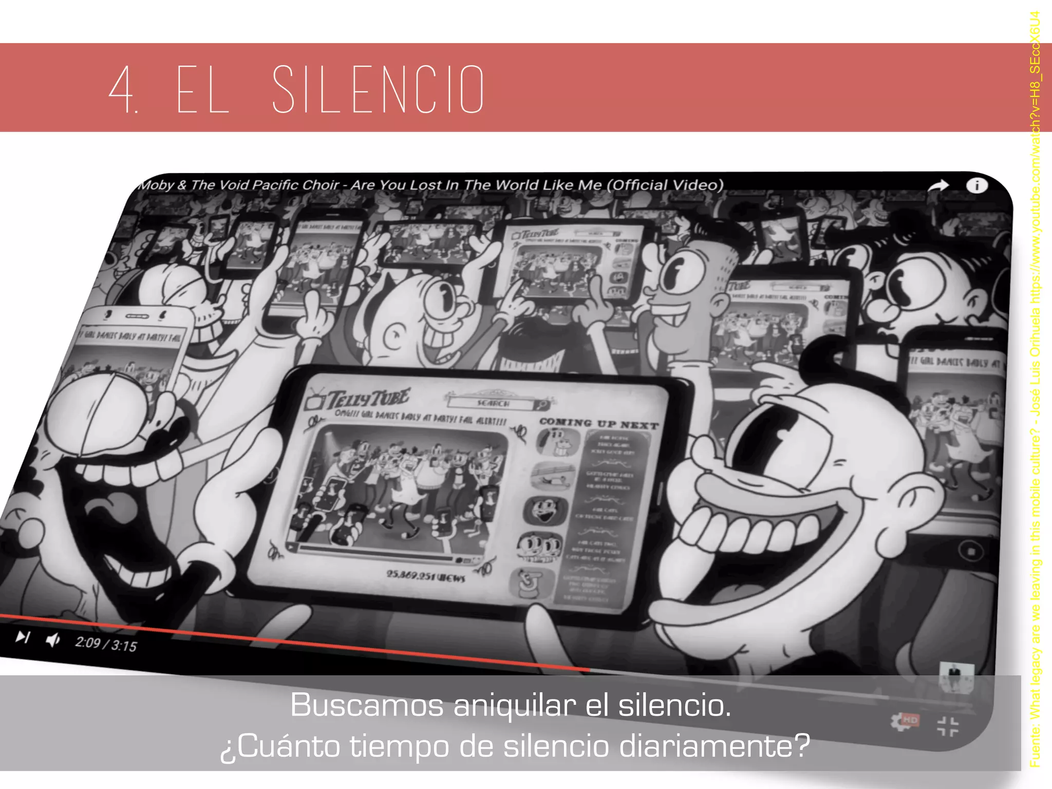 4. el silencio
Fuente:Whatlegacyareweleavinginthismobileculture?-JoséLuisOrihuelahttps://www.youtube.com/watch?v=H8_SEccX6U4
Buscamos aniquilar el silencio.
¿Cuánto tiempo de silencio diariamente?
 