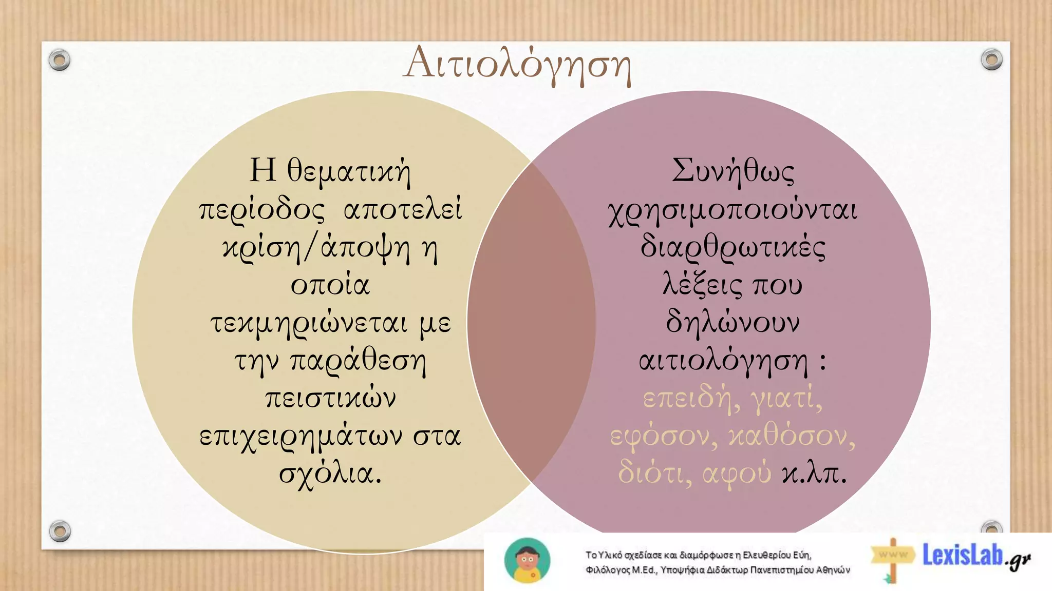 Αιτιολόγηση
Η θεματική
περίοδος αποτελεί
κρίση/άποψη η
οποία
τεκμηριώνεται με
την παράθεση
πειστικών
επιχειρημάτων στα
σχόλια.
Συνήθως
χρησιμοποιούνται
διαρθρωτικές
λέξεις που
δηλώνουν
αιτιολόγηση :
επειδή, γιατί,
εφόσον, καθόσον,
διότι, αφού κ.λπ.
 