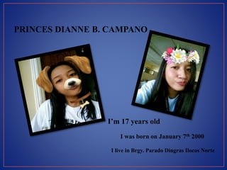 PRINCES DIANNE B. CAMPANO
I’m 17 years old
I was born on January 7th 2000
I live in Brgy. Parado Dingras Ilocos Norte
 