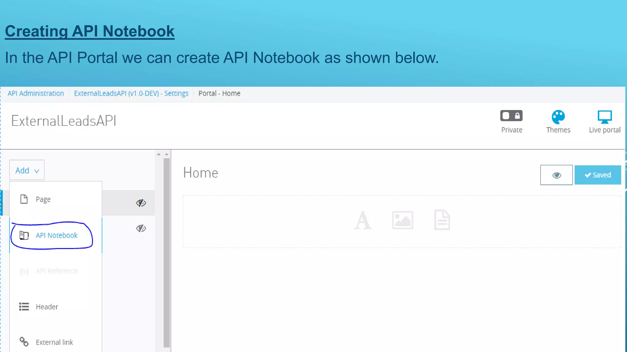 Creating API Notebook
In the API Portal we can create API Notebook as shown below.
 
