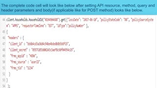 The complete code cell will look like below after setting API resource, method, query and
header parameters and body(if applicable like for POST method) looks like below.
 