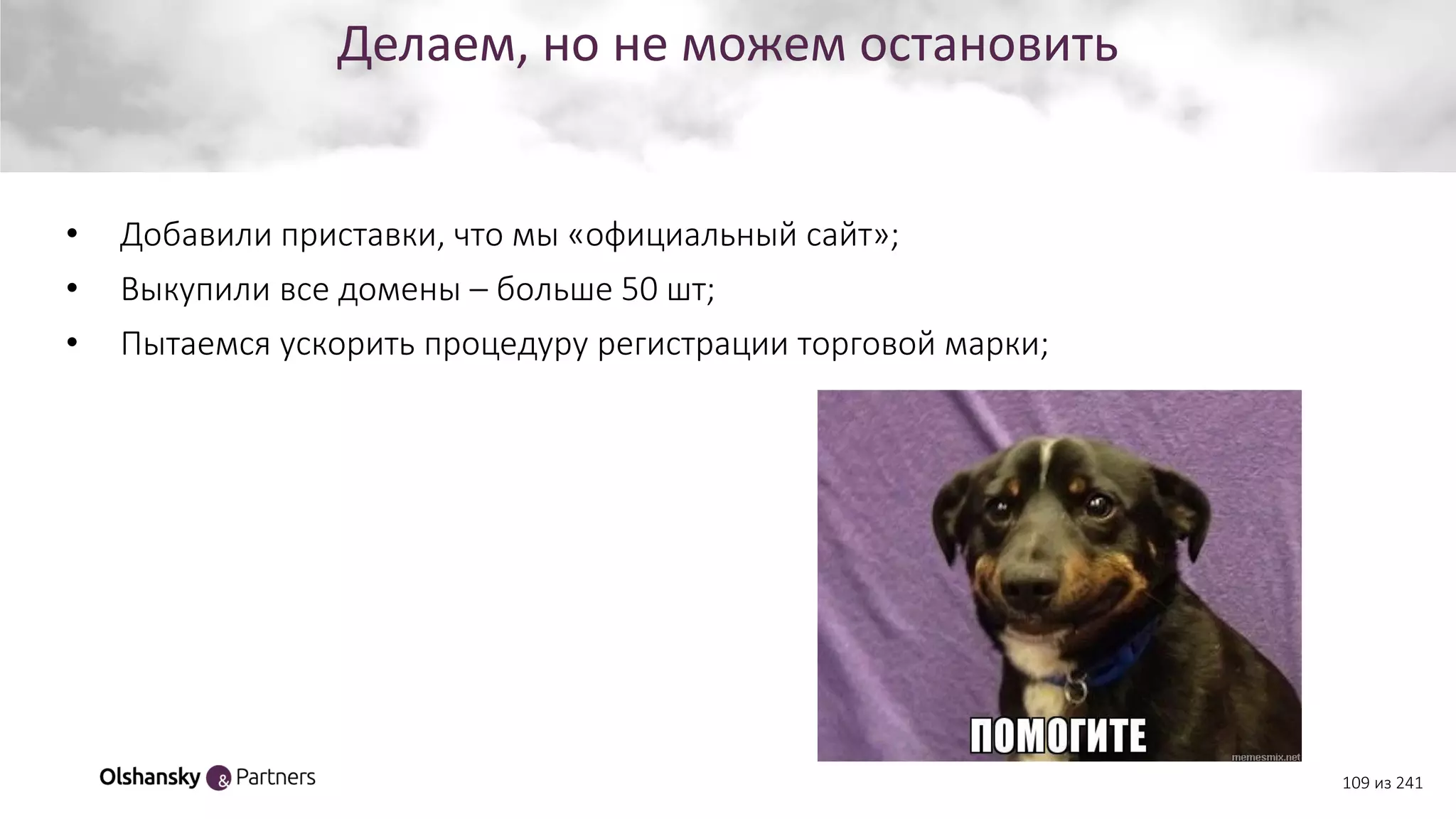 Делаем, но не можем остановить
109 из 241
• Добавили приставки, что мы «официальный сайт»;
• Выкупили все домены – больше 50 шт;
• Пытаемся ускорить процедуру регистрации торговой марки;
 