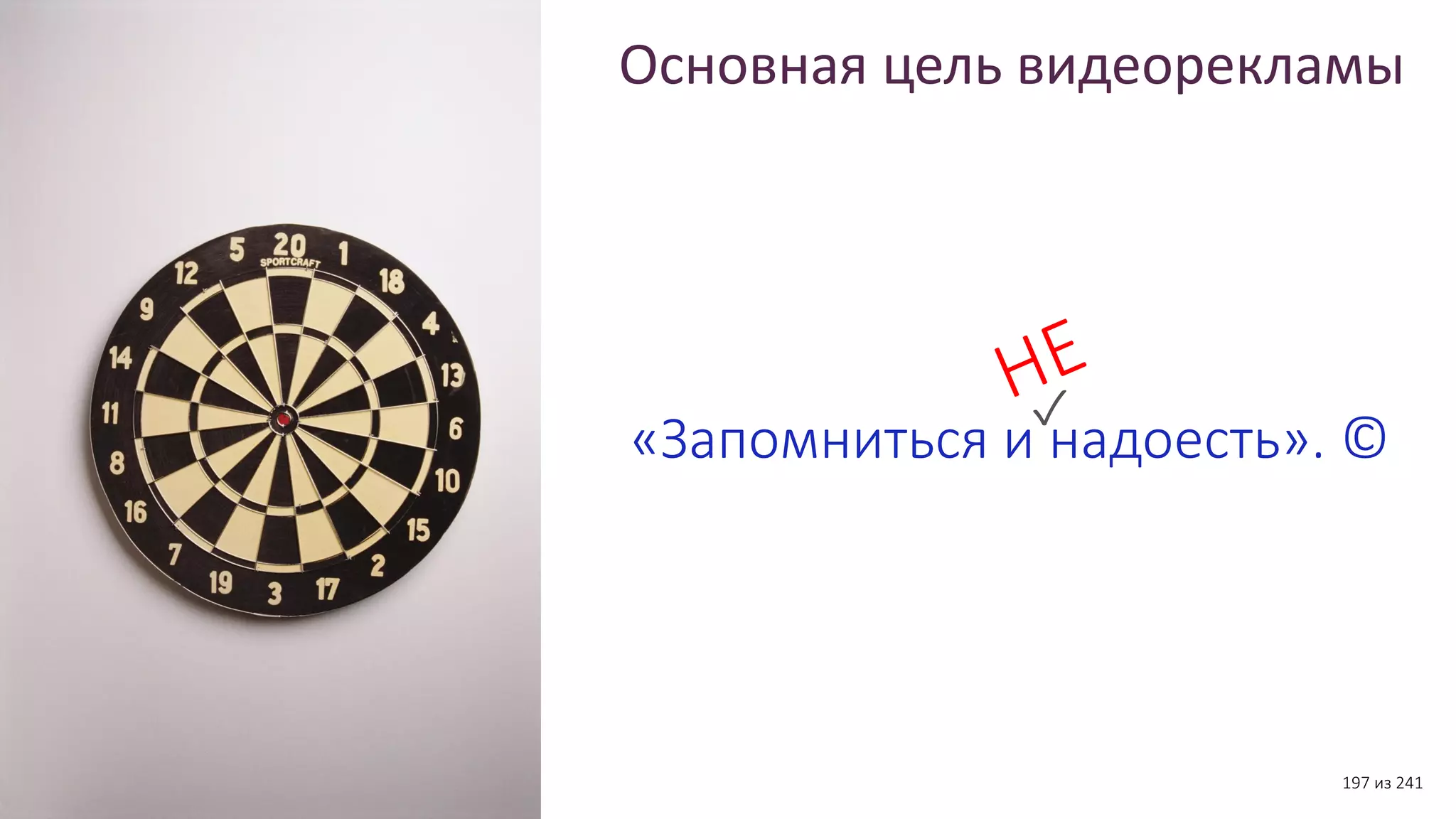 Основная цель видеорекламы
197 из 241
1
3
«Запомниться и надоесть». ©
 