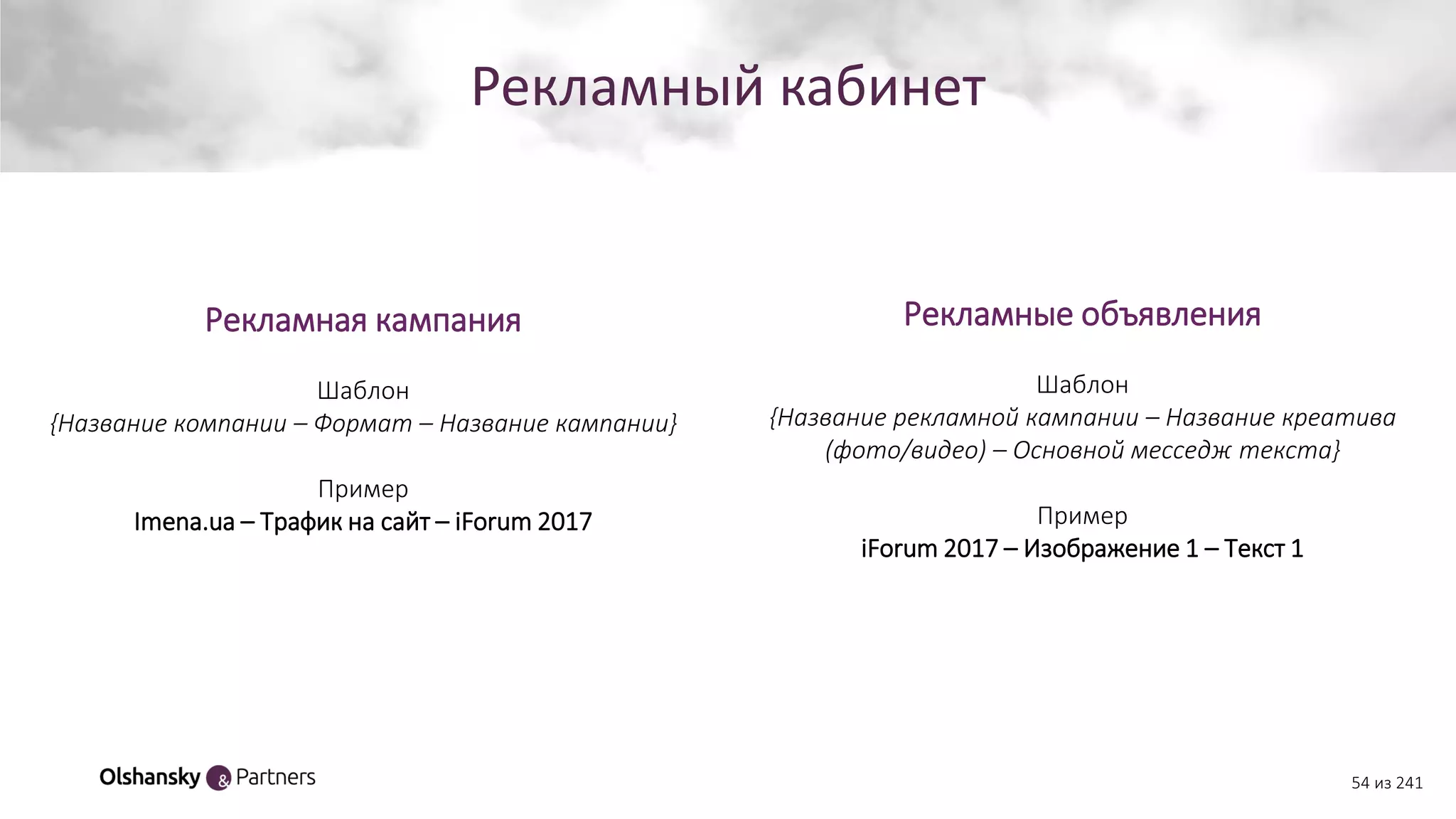 Рекламный кабинет
54 из 241
Рекламная кампания
Шаблон
{Название компании – Формат – Название кампании}
Пример
Imena.ua – Трафик на сайт – iForum 2017
Рекламные объявления
Шаблон
{Название рекламной кампании – Название креатива
(фото/видео) – Основной месседж текста}
Пример
iForum 2017 – Изображение 1 – Текст 1
 