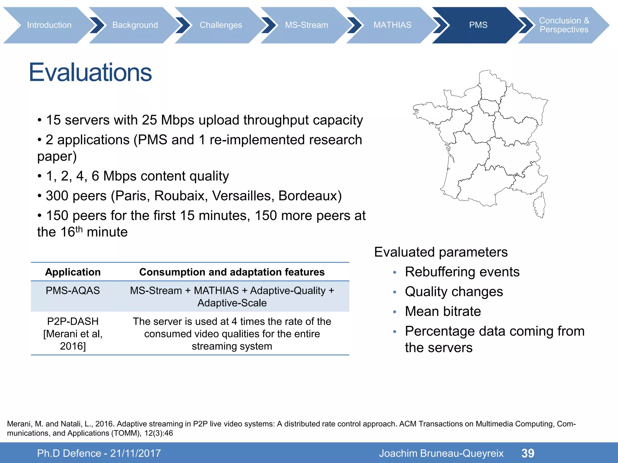 Evaluations
• 15 servers with 25 Mbps upload throughput capacity
• 2 applications (PMS and 1 re-implemented research
paper)
• 1, 2, 4, 6 Mbps content quality
• 300 peers (Paris, Roubaix, Versailles, Bordeaux)
• 150 peers for the first 15 minutes, 150 more peers at
the 16th minute
Ph.D Defence - 21/11/2017 Joachim Bruneau-Queyreix 39
Introduction Background Challenges MS-Stream MATHIAS PMS
Conclusion &
Perspectives
Application Consumption and adaptation features
PMS-AQAS MS-Stream + MATHIAS + Adaptive-Quality +
Adaptive-Scale
P2P-DASH
[Merani et al,
2016]
The server is used at 4 times the rate of the
consumed video qualities for the entire
streaming system
Evaluated parameters
• Rebuffering events
• Quality changes
• Mean bitrate
• Percentage data coming from
the servers
Merani, M. and Natali, L., 2016. Adaptive streaming in P2P live video systems: A distributed rate control approach. ACM Transactions on Multimedia Computing, Com-
munications, and Applications (TOMM), 12(3):46
 