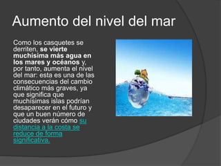 Aumento del nivel del mar
Como los casquetes se
derriten, se vierte
muchísima más agua en
los mares y océanos y,
por tanto, aumenta el nivel
del mar: esta es una de las
consecuencias del cambio
climático más graves, ya
que significa que
muchísimas islas podrían
desaparecer en el futuro y
que un buen número de
ciudades verán cómo su
distancia a la costa se
reduce de forma
significativa.
 