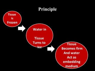 Principle
Tissue
is
Frozen
Water in
Tissue
Turns to
Ice
Tissue
Becomes firm
And water
Act as
embedding
medium
 