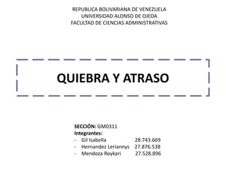 QUIEBRA Y ATRASO
REPUBLICA BOLIVARIANA DE VENEZUELA
UNIVERSIDAD ALONSO DE OJEDA
FACULTAD DE CIENCIAS ADMINISTRATIVAS
SECCIÓN: GM0311
Integrantes:
- Gil Isabella 28.743.669
- Hernandez Leriannys 27.876.538
- Mendoza Roykari 27.528.896
 