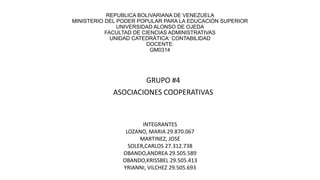 REPUBLICA BOLIVARIANA DE VENEZUELA
MINISTERIO DEL PODER POPULAR PARA LA EDUCACIÓN SUPERIOR
UNIVERSIDAD ALONSO DE OJEDA
FACULTAD DE CIENCIAS ADMINISTRATIVAS
UNIDAD CATEDRÁTICA: CONTABILIDAD
DOCENTE:
GM0314
GRUPO #4
ASOCIACIONES COOPERATIVAS
INTEGRANTES
LOZANO, MARIA 29.870.067
MARTINEZ, JOSÉ
SOLER,CARLOS 27.312.738
OBANDO,ANDREA 29.505.589
OBANDO,KRISSBEL 29.505.413
YRIANNI, VILCHEZ 29.505.693
 