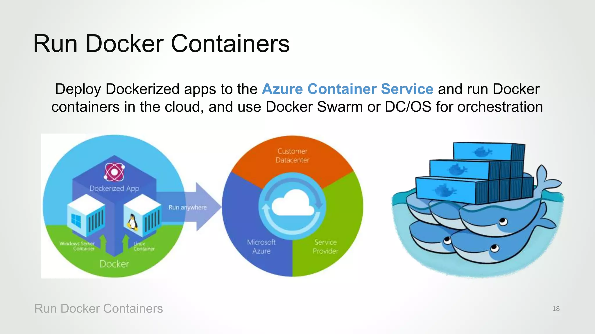 Deploy Dockerized apps to the Azure Container Service and run Docker
containers in the cloud, and use Docker Swarm or DC/OS for orchestration
Run Docker Containers
Run Docker Containers 18
 