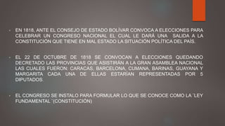 • EN 1818, ANTE EL CONSEJO DE ESTADO BOLÍVAR CONVOCA A ELECCIONES PARA
CELEBRAR UN CONGRESO NACIONAL EL CUAL LE DARÁ UNA SALIDA A LA
CONSTITUCIÓN QUE TIENE EN MAL ESTADO LA SITUACIÓN POLÍTICA DEL PAÍS.
• EL 22 DE OCTUBRE DE 1818 SE CONVOCAN A ELECCIONES QUEDANDO
DECRETADO LAS PROVINCIAS QUE ASISTIRÁN A LA GRAN ASAMBLEA NACIONAL
LAS CUALES FUERON: CARACAS, BARCELONA, CUMANA, BARINAS, GUAYANA Y
MARGARITA CADA UNA DE ELLAS ESTARÍAN REPRESENTADAS POR 5
DIPUTADOS.
• EL CONGRESO SE INSTALO PARA FORMULAR LO QUE SE CONOCE COMO LA ¨LEY
FUNDAMENTAL ¨(CONSTITUCIÓN)
 