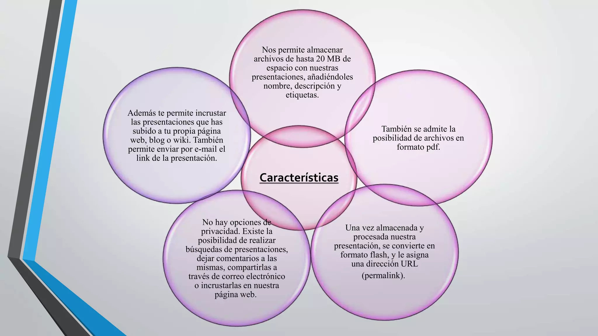 Características
Nos permite almacenar
archivos de hasta 20 MB de
espacio con nuestras
presentaciones, añadiéndoles
nombre, descripción y
etiquetas.
También se admite la
posibilidad de archivos en
formato pdf.
Una vez almacenada y
procesada nuestra
presentación, se convierte en
formato flash, y le asigna
una dirección URL
(permalink).
No hay opciones de
privacidad. Existe la
posibilidad de realizar
búsquedas de presentaciones,
dejar comentarios a las
mismas, compartirlas a
través de correo electrónico
o incrustarlas en nuestra
página web.
Además te permite incrustar
las presentaciones que has
subido a tu propia página
web, blog o wiki. También
permite enviar por e-mail el
link de la presentación.
 