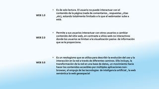 • Es de solo lectura. El usuario no puede interactuar con el
contenido de la página (nada de comentarios , respuestas ,citas
,etc), estando totalmente limitado a lo que el webmaster sube a
está.
• Permite a sus usuarios interactuar con otros usuarios o cambiar
contenido del sitio web, en contraste a sitios web-no interactivos
donde los usuarios se limitan a la visualización pasiva de información
que se le proporciona.
• Es un neologismo que se utiliza para describir la evolución del uso y la
interacción en la red a través de diferentes caminos. Ello incluye, la
transformación de la red en una base de datos, un movimiento hacia
hacer los contenidos accesibles por múltiples aplicaciones non-
browser, el empuje de las tecnologías de inteligencia artificial , la web
semántica la web geoespacial
WEB 1.0
WEB 2.0
WEB 3.0
 