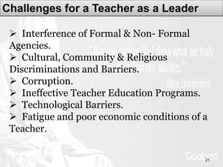 Challenges for a Teacher as a Leader
21
 Interference of Formal & Non- Formal
Agencies.
 Cultural, Community & Religious
Discriminations and Barriers.
 Corruption.
 Ineffective Teacher Education Programs.
 Technological Barriers.
 Fatigue and poor economic conditions of a
Teacher.
 