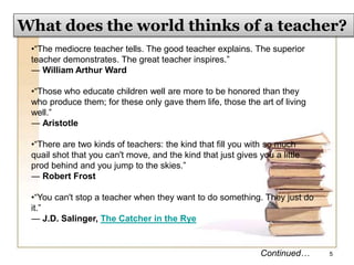 •“The mediocre teacher tells. The good teacher explains. The superior
teacher demonstrates. The great teacher inspires.”
― William Arthur Ward
•“Those who educate children well are more to be honored than they
who produce them; for these only gave them life, those the art of living
well.”
― Aristotle
•“There are two kinds of teachers: the kind that fill you with so much
quail shot that you can't move, and the kind that just gives you a little
prod behind and you jump to the skies.”
― Robert Frost
•“You can't stop a teacher when they want to do something. They just do
it.”
― J.D. Salinger, The Catcher in the Rye
What does the world thinks of a teacher?
5Continued…
 