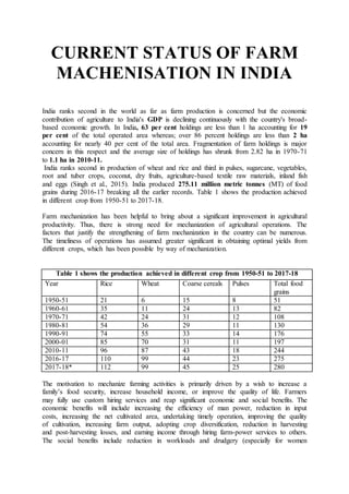 CURRENT STATUS OF FARM
MACHENISATION IN INDIA
India ranks second in the world as far as farm production is concerned but the economic
contribution of agriculture to India's GDP is declining continuously with the country's broad-
based economic growth. In India, 63 per cent holdings are less than 1 ha accounting for 19
per cent of the total operated area whereas; over 86 percent holdings are less than 2 ha
accounting for nearly 40 per cent of the total area. Fragmentation of farm holdings is major
concern in this respect and the average size of holdings has shrunk from 2.82 ha in 1970-71
to 1.1 ha in 2010-11.
India ranks second in production of wheat and rice and third in pulses, sugarcane, vegetables,
root and tuber crops, coconut, dry fruits, agriculture-based textile raw materials, inland fish
and eggs (Singh et al., 2015). India produced 275.11 million metric tonnes (MT) of food
grains during 2016-17 breaking all the earlier records. Table 1 shows the production achieved
in different crop from 1950-51 to 2017-18.
Farm mechanization has been helpful to bring about a significant improvement in agricultural
productivity. Thus, there is strong need for mechanization of agricultural operations. The
factors that justify the strengthening of farm mechanization in the country can be numerous.
The timeliness of operations has assumed greater significant in obtaining optimal yields from
different crops, which has been possible by way of mechanization.
Table 1 shows the production achieved in different crop from 1950-51 to 2017-18
Year Rice Wheat Coarse cereals Pulses Total food
grains
1950-51 21 6 15 8 51
1960-61 35 11 24 13 82
1970-71 42 24 31 12 108
1980-81 54 36 29 11 130
1990-91 74 55 33 14 176
2000-01 85 70 31 11 197
2010-11 96 87 43 18 244
2016-17 110 99 44 23 275
2017-18* 112 99 45 25 280
The motivation to mechanize farming activities is primarily driven by a wish to increase a
family’s food security, increase household income, or improve the quality of life. Farmers
may fully use custom hiring services and reap significant economic and social benefits. The
economic benefits will include increasing the efficiency of man power, reduction in input
costs, increasing the net cultivated area, undertaking timely operation, improving the quality
of cultivation, increasing farm output, adopting crop diversification, reduction in harvesting
and post-harvesting losses, and earning income through hiring farm-power services to others.
The social benefits include reduction in workloads and drudgery (especially for women
 