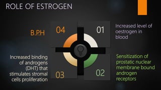 Sensitization of
prostatic nuclear
membrane bound
androgen
receptors
Increased binding
of androgens
(DHT) that
stimulates stromal
cells proliferation
B.P.H 01
02
04
03
 