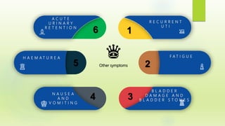 ♔
♖
♗ ♘
♙
♜
♛
1
2
34
5
6
A C U T E
U R I N A R Y
R E T E N T I O N
R E C U R R E N T
U T I
H A E M A T U R E A F A T I G U E
N A U S E A
A N D
V O M I T I N G
B L A D D E R
D A M A G E A N D
B L A D D E R S T O N E S
Other symptoms
 