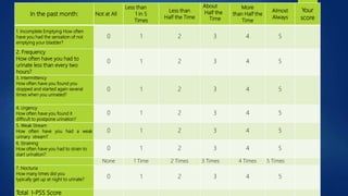 In the past month: Not at All
Less than
1 in 5
Times
Less than
Half the Time
About
Half the
Time
More
than Half the
Time
Almost
Always
Your
score
1. Incomplete Emptying How often
have you had the sensation of not
emptying your bladder?
0 1 2 3 4 5
2. Frequency
How often have you had to
urinate less than every two
hours?
0 1 2 3 4 5
3. Intermittency
How often have you found you
stopped and started again several
times when you urinated?
0 1 2 3 4 5
4. Urgency
How often have you found it
difficult to postpone urination?
0 1 2 3 4 5
5. Weak Stream
How often have you had a weak
urinary stream?
0 1 2 3 4 5
6. Straining
How often have you had to strain to
start urination?
0 1 2 3 4 5
None 1 Time 2 Times 3 Times 4 Times 5 Times
7. Nocturia
How many times did you
typically get up at night to urinate?
0 1 2 3 4 5
Total I-PSS Score
 