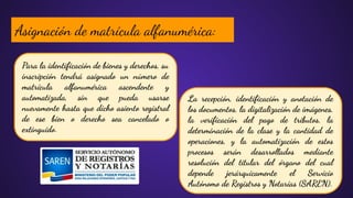 Para la identiﬁcación de bienes y derechos, su
inscripción tendrá asignado un número de
matrícula alfanumérica ascendente y
automatizada, sin que pueda usarse
nuevamente hasta que dicho asiento registral
de ese bien o derecho sea cancelado o
extinguido.
Asignación de matrícula alfanumérica:
La recepción, identiﬁcación y anotación de
los documentos, la digitalización de imágenes,
la veriﬁcación del pago de tributos, la
determinación de la clase y la cantidad de
operaciones, y la automatización de estos
procesos serán desarrollados mediante
resolución del titular del órgano del cual
depende jerárquicamente el Servicio
Autónomo de Registros y Notarías (SAREN).
 