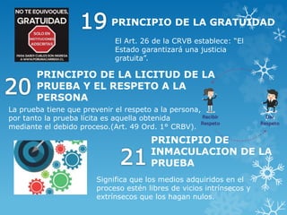 PRINCIPIO DE LA GRATUIDAD
El Art. 26 de la CRVB establece: “El
Estado garantizará una justicia
gratuita”.
PRINCIPIO DE LA LICITUD DE LA
PRUEBA Y EL RESPETO A LA
PERSONA
La prueba tiene que prevenir el respeto a la persona,
por tanto la prueba lícita es aquella obtenida
mediante el debido proceso.(Art. 49 Ord. 1° CRBV).
PRINCIPIO DE
INMACULACION DE LA
PRUEBA
Significa que los medios adquiridos en el
proceso estén libres de vicios intrínsecos y
extrínsecos que los hagan nulos.
 