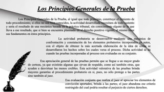 Los Principios Generales de la Prueba, al igual que todo principio, constituye el cimiento de
todo procedimiento; si ellos no son bien conocidos, la actividad desarrollada necesitara de todo sustento
y seria el resultado de una mecánica basada en la práctica tribunal, sin conocimiento alguno de lo que
lleva a ese resultado, que si bien se encuentra plasmado en el derecho positivo vigente, el mismo tiene
sus fundamentos en éstos principios.
Los Principios Generales de la Prueba
La actividad probatoria se desenvuelve mediante una mecánica de
confrontación y constatación de los elementos probatorios incorporados en autos,
con el objeto de obtener la más acertada elaboración de la idea de cómo se
desarrollaron los hechos sobre los cuales versa el proceso. Dicha actividad se da
cuando las pruebas incorporadas al proceso son evaluadas en su conjunto.
Esa apreciación general de las pruebas permite que se llegue a un mayor grado
de certeza, ya que existirán algunas que sirvan de respaldo, como así también otras, que
ayuden a desvirtuar las menos creíbles. Ésta actividad valorativa de las pruebas brinda
mayores garantías al procedimiento probatorio en si, pues, no sólo protege a las partes
sino también al juez.
Esa evaluación conjunta que realiza el juez al apreciar los elementos de
convicción aportados, brinda a las partes; el juez abandona ese criterio
restringido del cual podría resultar el perjuicio de ciertos derechos.
 