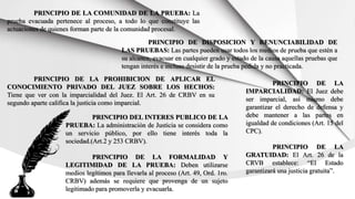 PRINCIPIO DE LA COMUNIDAD DE LA PRUEBA: La
prueba evacuada pertenece al proceso, a todo lo que constituye las
actuaciones de quienes forman parte de la comunidad procesal.
PRINCIPIO DE DISPOSICION Y RENUNCIABILIDAD DE
LAS PRUEBAS: Las partes pueden usar todos los medios de prueba que estén a
su alcance, evacuar en cualquier grado y estado de la causa aquellas pruebas que
tengan interés e incluso desistir de la prueba pedida y no practicada.
PRINCIPIO DE LA PROHIBICION DE APLICAR EL
CONOCIMIENTO PRIVADO DEL JUEZ SOBRE LOS HECHOS:
Tiene que ver con la imparcialidad del Juez. El Art. 26 de CRBV en su
segundo aparte califica la justicia como imparcial.
PRINCIPIO DEL INTERES PUBLICO DE LA
PRUEBA: La administración de Justicia se considera como
un servicio público, por ello tiene interés toda la
sociedad.(Art.2 y 253 CRBV).
PRINCIPIO DE LA FORMALIDAD Y
LEGITIMIDAD DE LA PRUEBA: Deben utilizarse
medios legítimos para llevarla al proceso (Art. 49, Ord. 1ro.
CRBV) además se requiere que provenga de un sujeto
legitimado para promoverla y evacuarla.
PRINCIPIO DE LA
IMPARCIALIDAD: El Juez debe
ser imparcial, así mismo debe
garantizar el derecho de defensa y
debe mantener a las partes en
igualdad de condiciones (Art. 15 del
CPC).
PRINCIPIO DE LA
GRATUIDAD: El Art. 26 de la
CRVB establece: “El Estado
garantizará una justicia gratuita”.
 