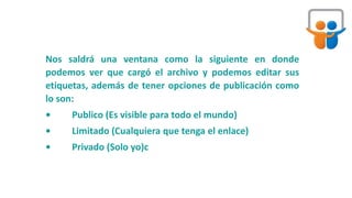 Nos saldrá una ventana como la siguiente en donde
podemos ver que cargó el archivo y podemos editar sus
etiquetas, además de tener opciones de publicación como
lo son:
• Publico (Es visible para todo el mundo)
• Limitado (Cualquiera que tenga el enlace)
• Privado (Solo yo)c
 
