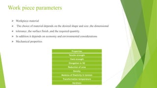 Work piece parameters
 Workpiece material
 The choice of material depends on the desired shape and size ,the dimensional
 tolerance ,the surface finish ,and the required quantity.
 In addition it depends on economy and environmental considerations
 Mechanical properties
Properties
Tensile strength
Yield strength
Elongation in 5D
Reduction of area
Density
Modulus of Elasticity in tension
Transformation temperature
Hardness
 