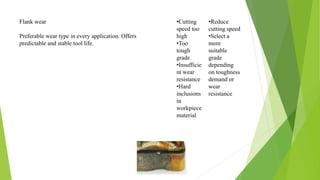 Flank wear
Preferable wear type in every application. Offers
predictable and stable tool life.​​​
•Cutting
speed too
high
•Too
tough
grade
•Insufficie
nt wear
resistance
•Hard
inclusions
in
workpiece
material
•Reduce
cutting speed
•Select a
more
suitable
grade
depending
on toughness
demand or
wear
resistance​
 