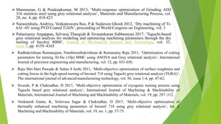  Manimaran, G & Pradeepkumar, M 2013, ‘Multi-response optimization of Grinding AISI
316 stainless steel using grey relational analysis’, Materials and Manufacturing Process, vol.
28, no. 4, pp. 418-423
 Narasimhulu, Andriya, Venkateswara Rao, P & Sudarson Ghosh 2012, ‘Dry machining of Ti-
6Al -4V using PVD Coated TiAlN’, proceeding of World Congress on Engineering, vol. 3
 Palanisamy Angappan, Selvaraj Thangiah & Sivasankaran Subbarayan 2017, ‘Taguchi-based
grey relational analysis for modeling and optimizing machining parameters through the dry
turning of Incoloy 800H’, Journal of Mechanical Science and Technology, vol. 31,
issue 9, pp. 4159–4165
 Radhakrishnan Ramanujam, Nambimuthukrishnan & Ramasamy Raju 2011, ‘Optimization of cutting
parameters for turning Al-Sic (10p) MMC using ANOVA and Grey relational analysis’, International
Journal of precision engineering and manufacturing, vol. 12, pp. 651-656.
 Raju Shri Hari Pawade & Suhas S Joshi 2011, ‘Multi-objective optimization of surface roughness and
cutting forces in the high-speed turning of Inconel 718 using Taguchi grey relational analysis (TGRA)’,
The international journal of advanced manufacturing technology, vol. 56, issue 1-4, pp. 47-62.
 Sivaiah, P & Chakradhar, D 2017, ‘Multi-objective optimization of cryogenic turning process using
Taguchi based grey relational analysis’, International Journal of Machining & Machinability of
Materials, International Journal of Machining and Machinability of Materials, vol. 19, pp. 297–312.
 Venkatesh Ganta, K, Srinivasa Sagar & Chakradhar, D 2017, ‘Multi-objective optimization of
thermally enhanced machining parameters of Inconel 718 using grey relational analysis’, Int. J.
Machining and Machinability of Materials, vol. 19, no. 1, pp. 57-75.
 