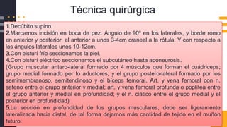 Técnica
1.Decúbito supino.
2.Marcamos incisión en boca de pez. Ángulo de 90º en los laterales, y borde romo
en anterior y posterior, el anterior a unos 3-4cm craneal a la rótula. Y con respecto a
los ángulos laterales unos 10-12cm.
3.Con bisturí frío seccionamos la piel.
4.Con bisturí eléctrico seccionamos el subcutáneo hasta aponeurosis.
(Grupo muscular antero-lateral formado por 4 músculos que forman el cuádriceps;
grupo medial formado por lo aductores; y el grupo postero-lateral formado por los
semimembranoso, semitendinoso y el bíceps femoral. Art. y vena femoral con n.
safeno entre el grupo anterior y medial; art. y vena femoral profunda o poplítea entre
el grupo anterior y medial en profundidad; y el n. ciático entre el grupo medial y el
posterior en profundidad)
5.La sección en profundidad de los grupos musculares, debe ser ligeramente
lateralizada hacia distal, de tal forma dejamos más cantidad de tejido en el muñón
futuro.
Técnica quirúrgica
 