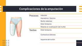 Complicaciones de la amputación
Precoces Infección
Hematoma / Seroma
Muñón doloroso
Dolor fantasma
Retardo en cicatrización del muñón
Tardías Dolor fantasma
Contractura dolorosa
Isquemia del muñón
 