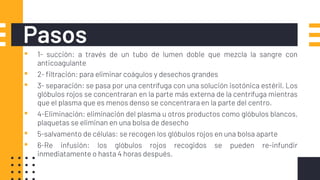 Pasos
▪ 1- succión: a través de un tubo de lumen doble que mezcla la sangre con
anticoagulante
▪ 2- filtración: para eliminar coágulos y desechos grandes
▪ 3- separación: se pasa por una centrífuga con una solución isotónica estéril. Los
glóbulos rojos se concentraran en la parte más externa de la centrífuga mientras
que el plasma que es menos denso se concentrara en la parte del centro.
▪ 4-Eliminación: eliminación del plasma u otros productos como glóbulos blancos,
plaquetas se eliminan en una bolsa de desecho
▪ 5-salvamento de células: se recogen los glóbulos rojos en una bolsa aparte
▪ 6-Re infusión: los glóbulos rojos recogidos se pueden re-infundir
inmediatamente o hasta 4 horas después.
 