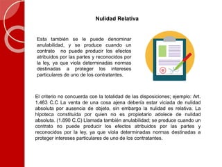 Nulidad Relativa
El criterio no concuerda con la totalidad de las disposiciones; ejemplo: Art.
1.483 C.C La venta de una cosa ajena debería estar viciada de nulidad
absoluta por ausencia de objeto, sin embargo la nulidad es relativa. La
hipoteca constituida por quien no es propietario adolece de nulidad
absoluta. (1.890 C.C) Llamada también anulabilidad; se produce cuando un
contrato no puede producir los efectos atribuidos por las partes y
reconocidos por la ley, ya que viola determinadas normas destinadas a
proteger intereses particulares de uno de los contratantes.
Esta también se le puede denominar
anulabilidad, y se produce cuando un
contrato no puede producir los efectos
atribuidos por las partes y reconocidos por
la ley, ya que viola determinadas normas
destinadas a proteger los intereses
particulares de uno de los contratantes.
 