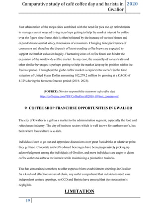 Comparative study of café coffee day and barista in
Gwalior
2020
19
Fast urbanization of the mega cities combined with the need for pick me-up refreshments
to manage current ways of living is perhaps getting to help the market interest for coffee
over the figure time-frame. this is often bolstered by the increase of various bistros and
expanded nonessential salary dimensions of consumers. Changing taste preferences of
consumers and therefore the dispatch of latest trending coffee brews are expected to
support the market valuation hugely. Fluctuating costs of coffee beans can hinder the
expansion of the worldwide coffee market. In any case, the assembly of natural cafe and
other similar beverages is perhaps getting to help the market keep up its position within the
forecast period. Throughout the globe coffee market is expected to succeed in the total
valuation of United States Dollar amounting 102,279.2 million by growing at a CAGR of
4.32% during the foreseen forecast period (2018- 2023).
(SOURCE: Director responsibility statement cafe coffee day)
https://coffeeday.com/PDF/CoffeeDayAR2018-19Final_compressed)
❖ COFFEE SHOP FRANCHISE OPPORTUNITIES IN GWALIOR
The city of Gwalior is a gift as a market to the administration segment, especially the food and
refreshment industry. The city of business sectors which is well known for earthenware’s, has
been where food culture is so rich.
Individuals love to go out and appreciate discussions over great food/drinks at whatever point
they get time. Chocolate and coffee-based beverages have been progressively picking up
acknowledgment among the individuals of Gwalior, and more individuals are eager to claim
coffee outlets to address the interest while maintaining a productive business.
That has constrained somehow to offer espresso bistro establishment openings in Gwalior.
As a kind and effective universal chain, any outlet comprehend that individuals need ease
independent venture openings, so CCD and Barista have ensured that the speculation is
negligible.
LIMITATION
 
