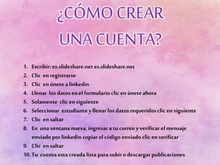 1. Escribir:es.slideshare.net es.slideshare.net
2. Clic en registrarse
3. Clic en únetea linkedin
4. Llenar los datos enel formularioclic en úneteahora
5. Solamente clic en siguiente
6. Seleccionar estudiante y llenar los datos requeridos clic en siguiente
7. Clic en saltar
8. En unaventana nueva, ingresara tu correoy verificar el mensaje
enviado por linkedin copiar elcódigo enviado clic enverificar
9. Clic en saltar
10.Tu cuenta esta creada lista para subir odescargarpublicaciones
 