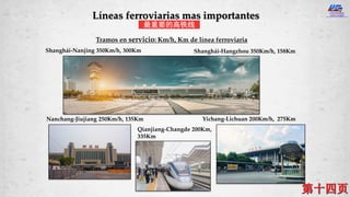 Shanghái-Nanjing 350Km/h, 300Km
Tramos en servicio: Km/h, Km de línea ferroviaria
Nanchang-Jiujiang 250Km/h, 135Km
Shanghái-Hangzhou 350Km/h, 158Km
Yichang-Lichuan 200Km/h, 275Km
Qianjiang-Changde 200Km,
335Km
Líneas ferroviarias mas importantes
最重要的高铁线
 