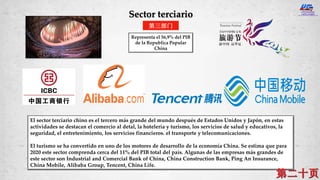 Sector terciario
第三部门
Representa el 56,9% del PIB
de la Republica Popular
China
El sector terciario chino es el tercero más grande del mundo después de Estados Unidos y Japón, en estas
actividades se destacan el comercio al detal, la hotelería y turismo, los servicios de salud y educativos, la
seguridad, el entretenimiento, los servicios financieros. el transporte y telecomunicaciones.
El turismo se ha convertido en uno de los motores de desarrollo de la economía China. Se estima que para
2020 este sector comprenda cerca del 11% del PIB total del país. Algunas de las empresas más grandes de
este sector son Industrial and Comercial Bank of China, China Construction Bank, Ping An Insurance,
China Mobile, Alibaba Group, Tencent, China Life.
 