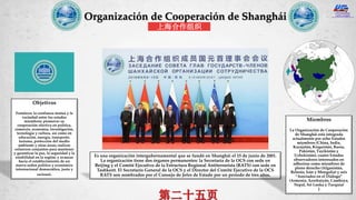 Organización de Cooperación de Shanghái
上海合作组织
Es una organización intergubernamental que se fundó en Shanghái el 15 de junio de 2001.
La organización tiene dos órganos permanentes: la Secretaría de la OCS con sede en
Beijing y el Comité Ejecutivo de la Estructura Regional Antiterrorista (RATS) con sede en
Tashkent. El Secretario General de la OCS y el Director del Comité Ejecutivo de la OCS
RATS son nombrados por el Consejo de Jefes de Estado por un período de tres años.
Miembros
La Organización de Cooperación
de Shanghái está integrada
actualmente por ocho Estados
miembros (China, India,
Kazajstán, Kirguistán, Rusia,
Pakistán, Tayikistán y
Uzbekistán), cuatro Estados
observadores interesados en
adherirse como miembros de
pleno derecho (Afganistán,
Belarús, Irán y Mongolia) y seis
“Asociados en el Diálogo”
(Armenia, Azerbaiyán, Camboya,
Nepal, Sri Lanka y Turquía)
)
Objetivos
Fortalecer la confianza mutua y la
vecindad entre los estados
miembros; promover su
cooperación efectiva en política,
comercio, economía, investigación,
tecnología y cultura, así como en
educación, energía, transporte,
turismo, protección del medio
ambiente y otras áreas; realizar
esfuerzos conjuntos para mantener
y garantizar la paz, la seguridad y la
estabilidad en la región; y avanzar
hacia el establecimiento de un
nuevo orden político y económico
internacional democrático, justo y
racional.
 