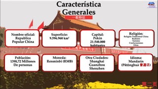 Característica
Generales
Nombre oficial:
Republica
Popular China
Idioma:
Mandarín
(Pǔtōnghuà 普通话)
Población:
1398,72 Millones
De personas
Superficie:
9.596.960 km²
Moneda:
Renminbi (RMB)
Capital:
Pekín
21.540.000
habitantes
Otra Ciudades:
Shanghai
Guanzhou
Shenzhen
Religión:
Religión Tradicional China
Budismo
Taoísmo
Confucianismo
Otras.
一般特征
 