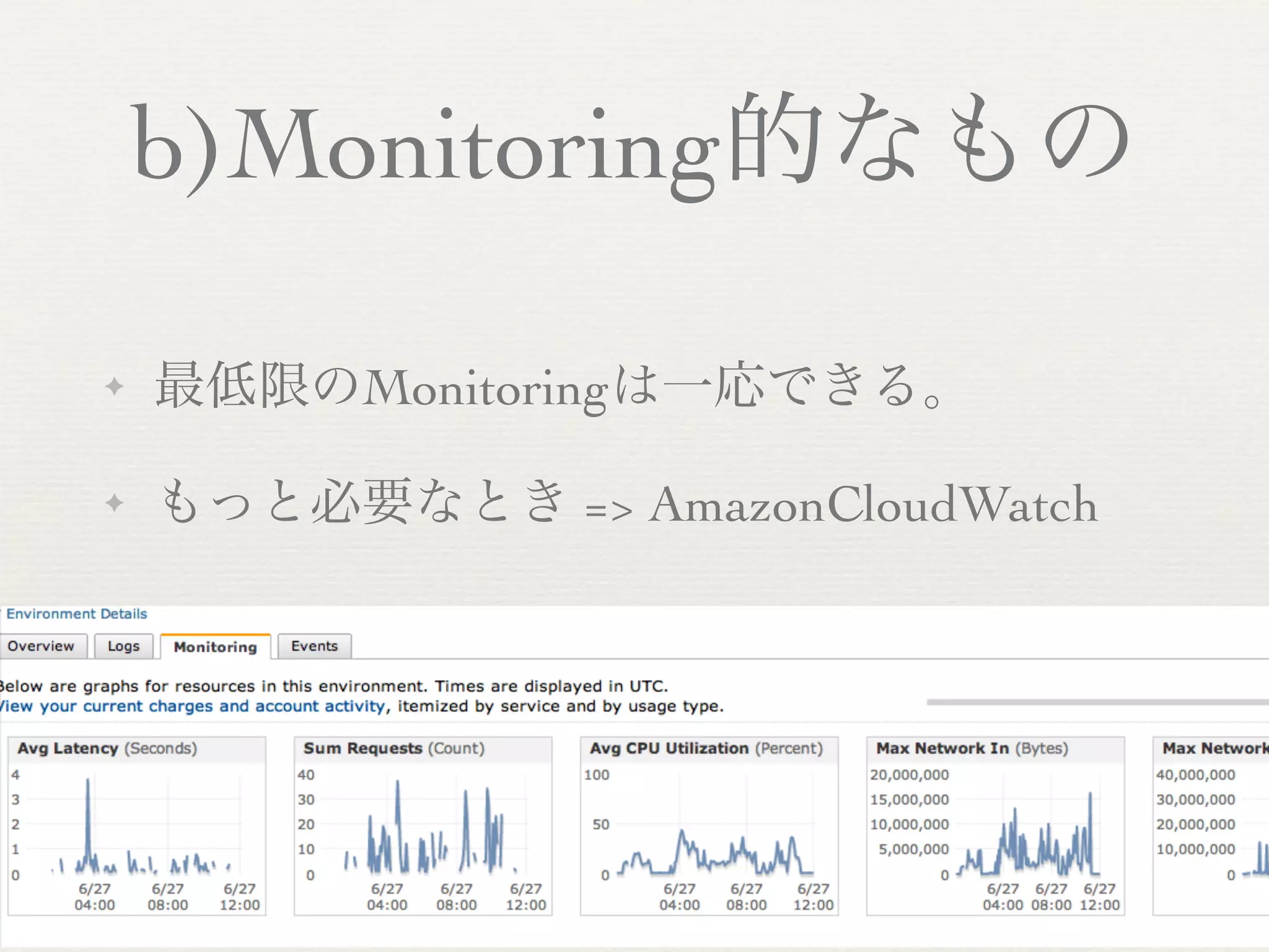 b)Monitoring的なもの

✦   最低限のMonitoringは一応できる。

✦   もっと必要なとき => AmazonCloudWatch


✦
 