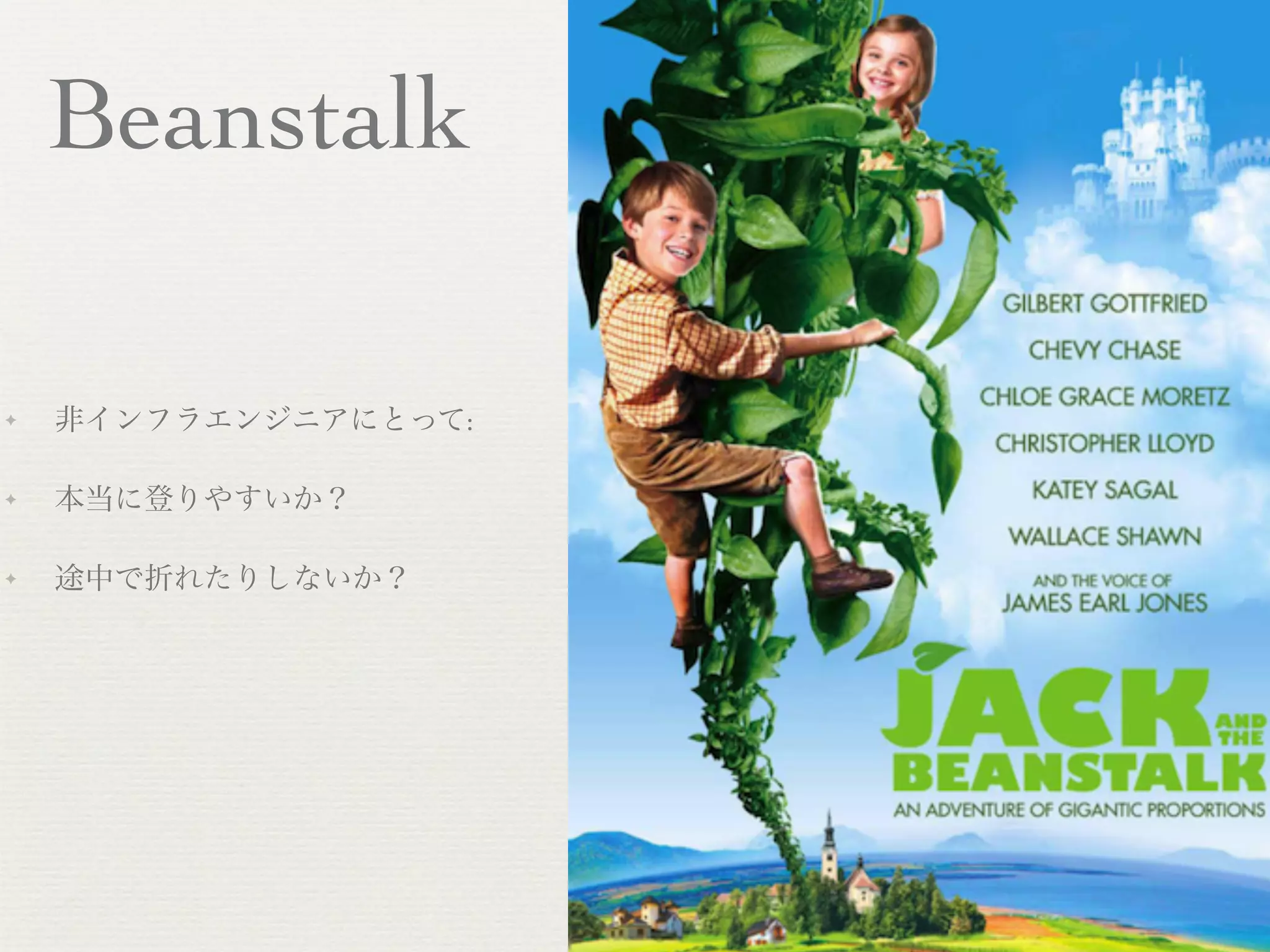 Beanstalk

✦   非インフラエンジニアにとって:

✦   本当に登りやすいか？

✦   途中で折れたりしないか？
 