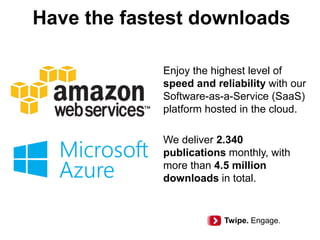 Have the fastest downloads
Enjoy the highest level of
speed and reliability with our
Software-as-a-Service (SaaS)
platform hosted in the cloud.
We deliver 2.340
publications monthly, with
more than 4.5 million
downloads in total.
Twipe. Engage.
 